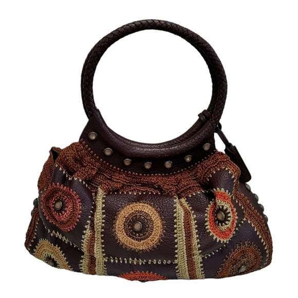 Isabella Fiore Handbag Leather Brown Multi-Color Jeweled Embroidered Crocheted - Picture 2 of 16